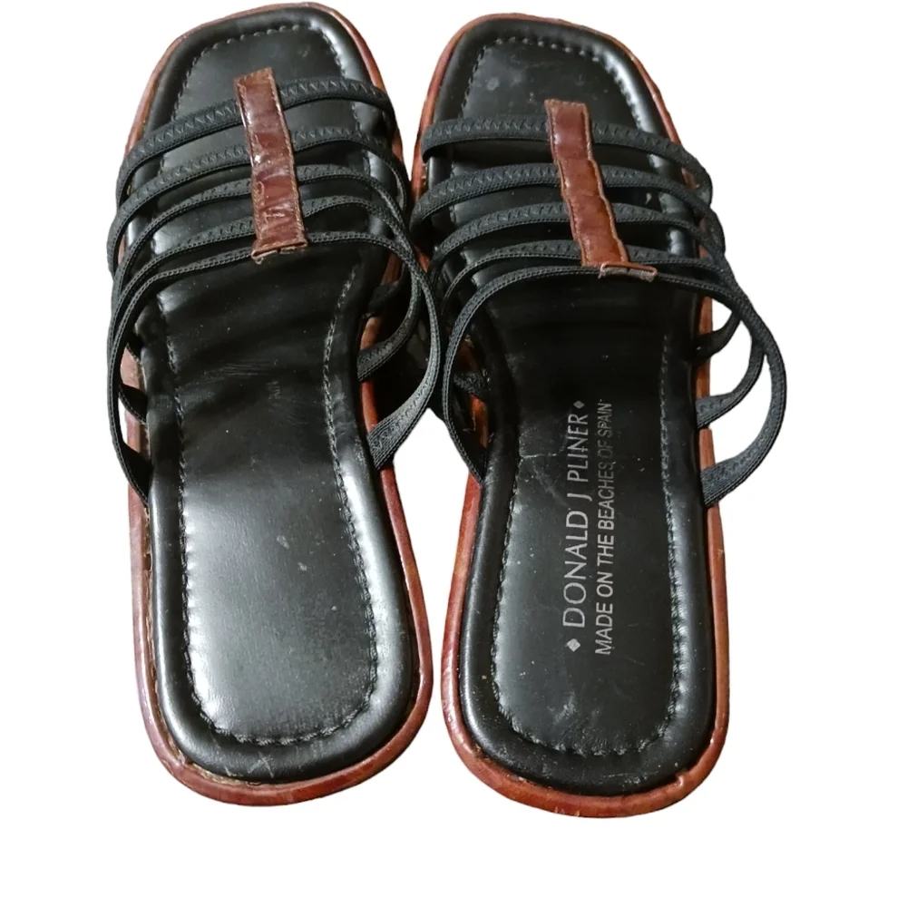 Donald J. Pliner Black and Brown Strappy Wedge Sandals